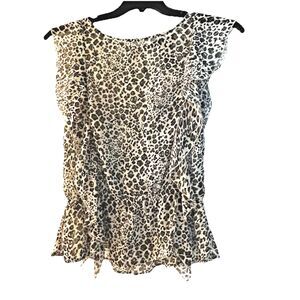 Leopard Print Top Sz Med Black White Sleeveless Elastic Waist Ruffle Suzie Rose